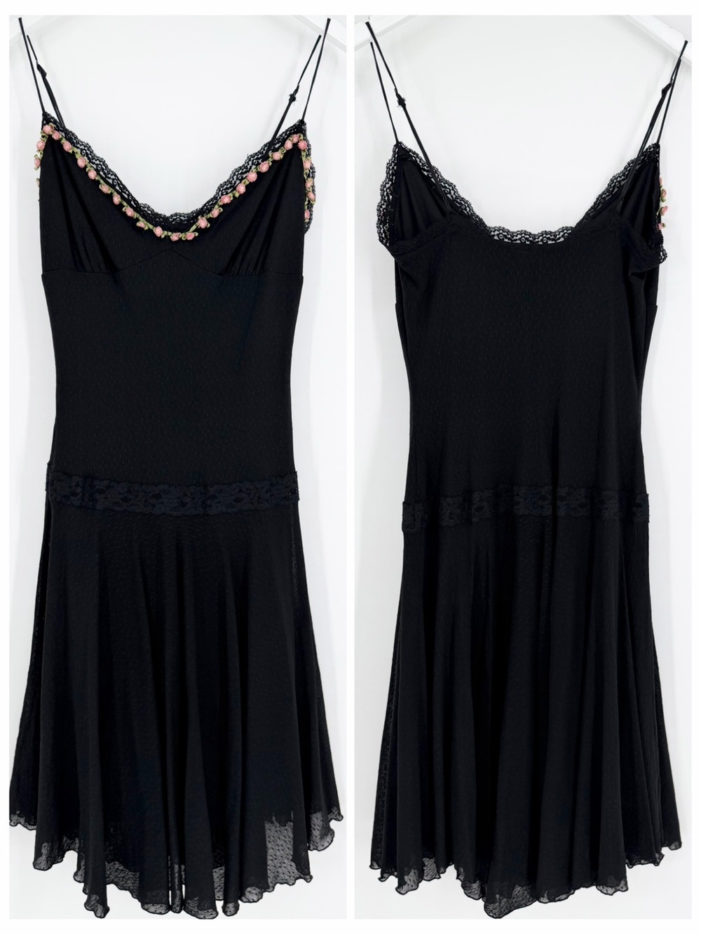 vtg Betsey Johnson y2k whimsical goth black stretch slip dress swiss dot